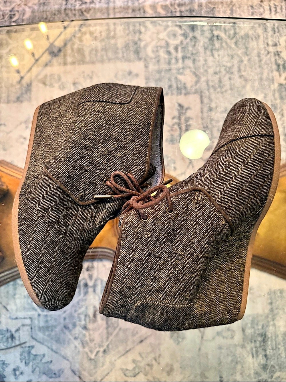TOMS Desert Wedge Herringbone Ankle Boots Brown & Black Dark Academia US 9.5